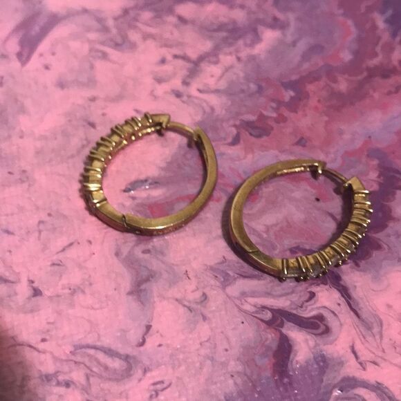 Gold Toned Silver CZ Snap Hooped Earrings - Picture 7 of 9